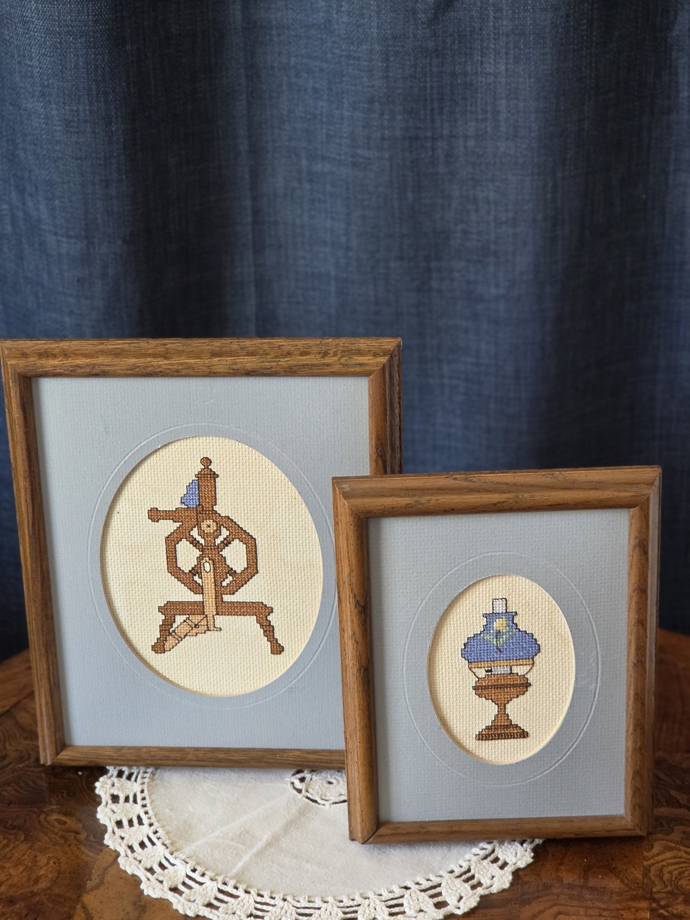 Framed Blue and Brown Cross-Stitch Home Accent Set by